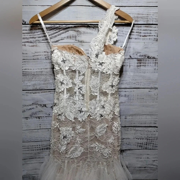 Jovani Prom‎ Wedding Dress White Nude size 0 One Shoulder Sheer Mermaid - Picture 7 of 16